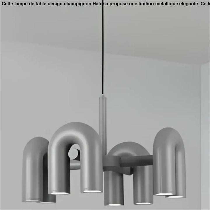 Suspension luminaire ural argentée style industriel avec bras incurvés en forme de tuyau et tige verticale centrale