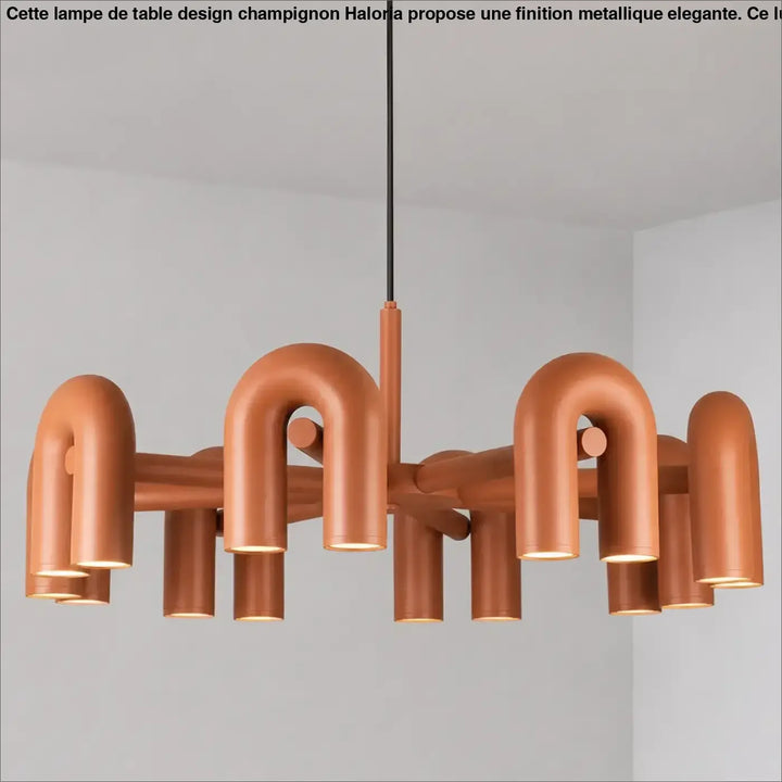 Suspension luminaire copper color with industrial-style curved pipe arms and cylindrical light fixtures luminaire design ural