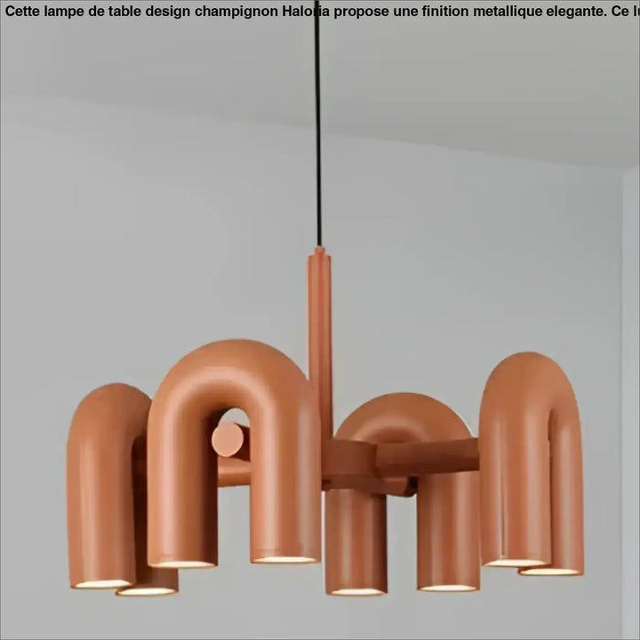 Suspension luminaire copper-toned en design moderne avec bras incurvés en forme de tuyaux et tige centrale suspendue