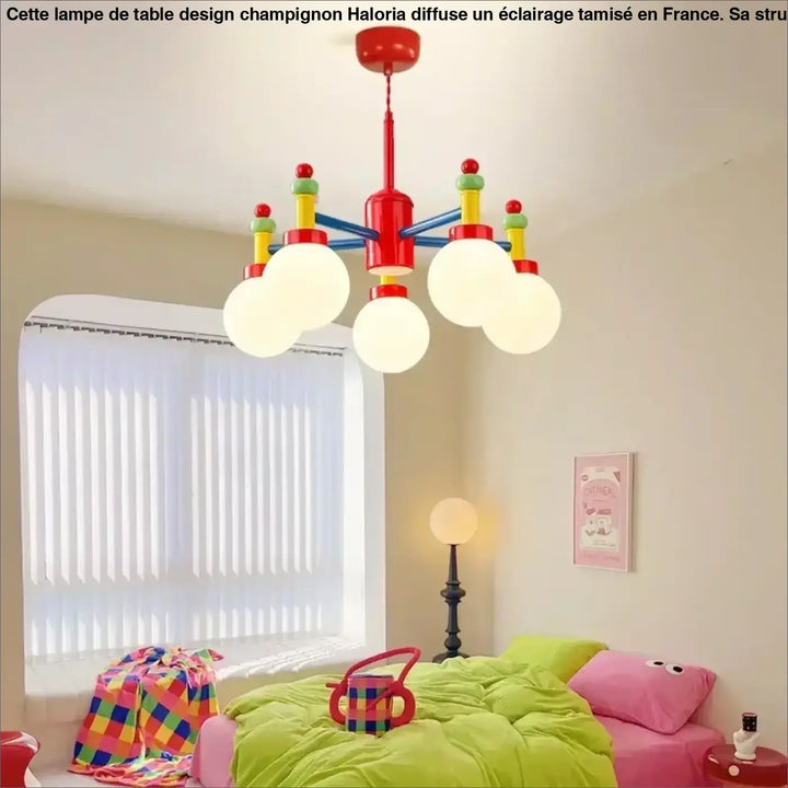 Suspension luminaire isaali rouge et bleu avec accents cylindriques colorés et quatre globes givrés 90-260v