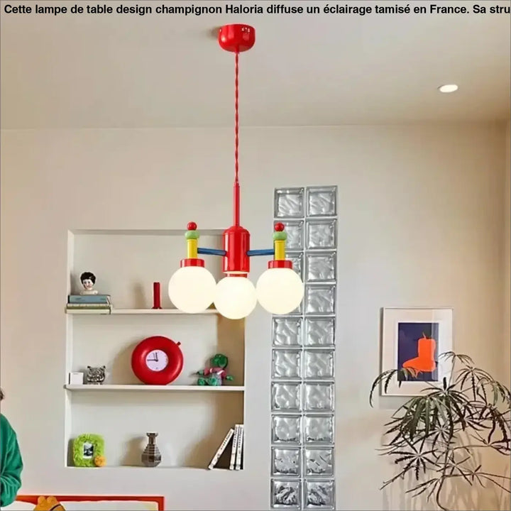 Suspension luminaire isaali rouge vif avec trois globes en verre dépoli et accents cylindriques colorés 90-260v