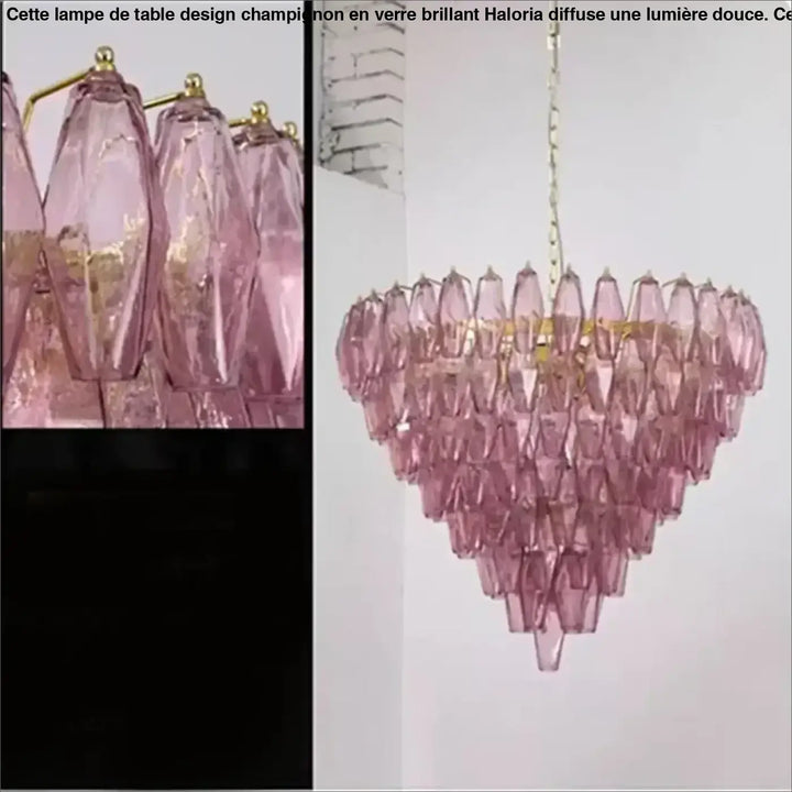 Tiered suspension luminaire élégante en verre facetté rose suspendue par une chaîne ton or brass