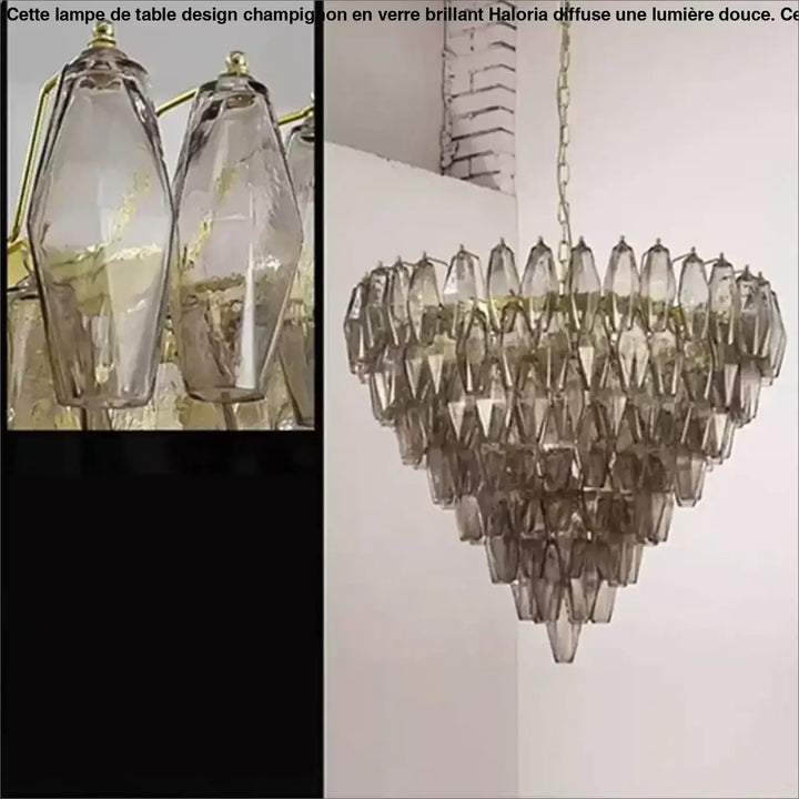 Suspension luminaire élégante en laiton avec abat-jours en verre fumé facetté suspendue par une chaîne en laiton