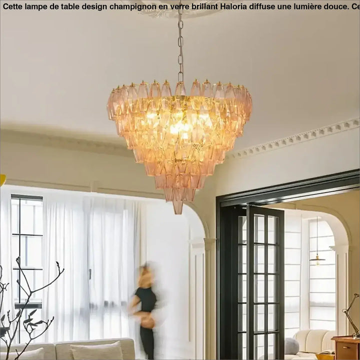 Suspension luminaire élégante en verre pêche à plusieurs niveaux avec design en cascade suspendue au plafond en laiton