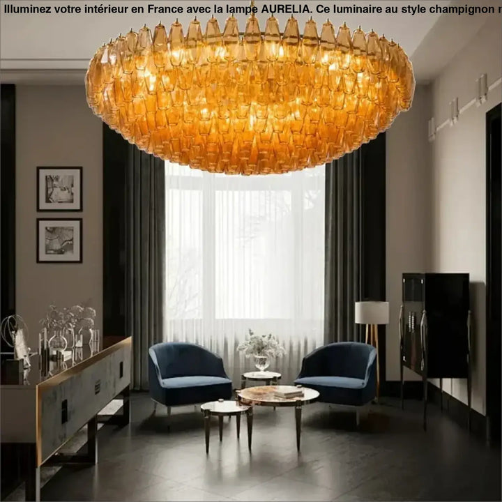 Suspension luminaire murano en verre sculpté doré avec finition soignée et segments en verre ambré en forme de chandelier