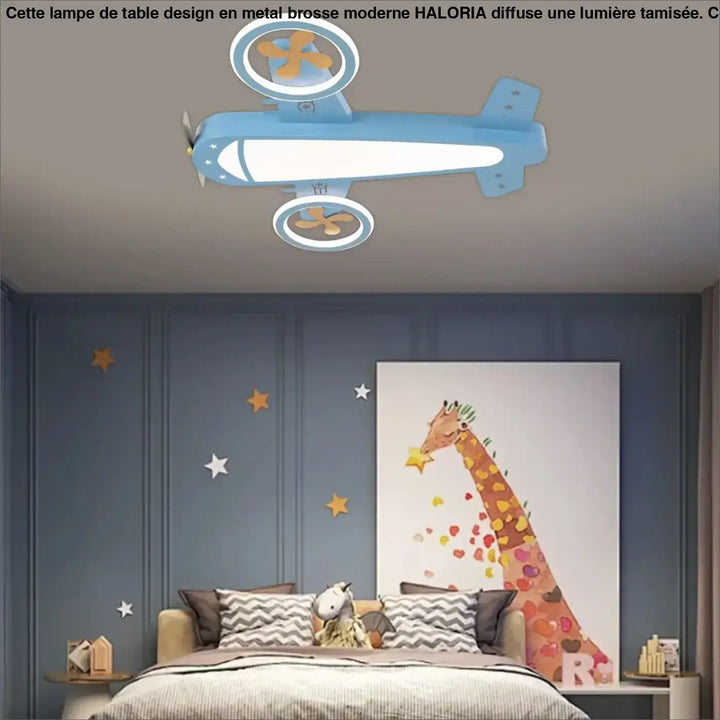 Luminaire plafonnier avion bleu avec hélices orange et corps éclairé blanc pour éclairage décoratif intérieur