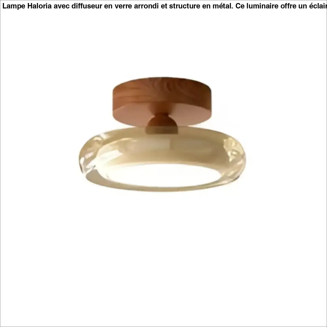 Luminaire plafonnier auriona avec base circulaire en bois chaud et anneau en verre soufflé diffusant une lumière douce