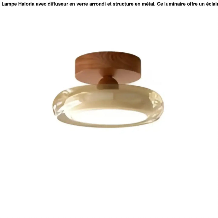 Luminaire plafonnier auriona avec base circulaire en bois chaud et anneau en verre soufflé diffusant une lumière douce