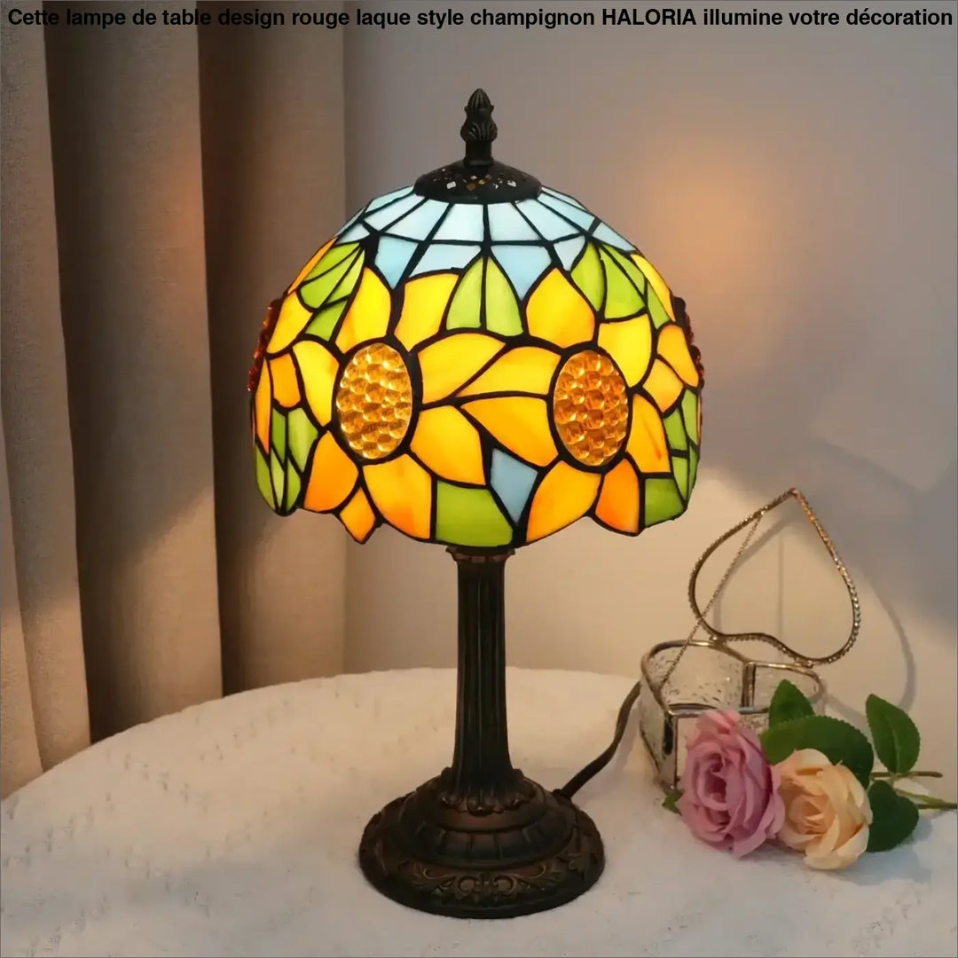 Lampe de table sunny avec verre multicolore motif tournesol et base bronze foncé pour décoration intérieure élégante