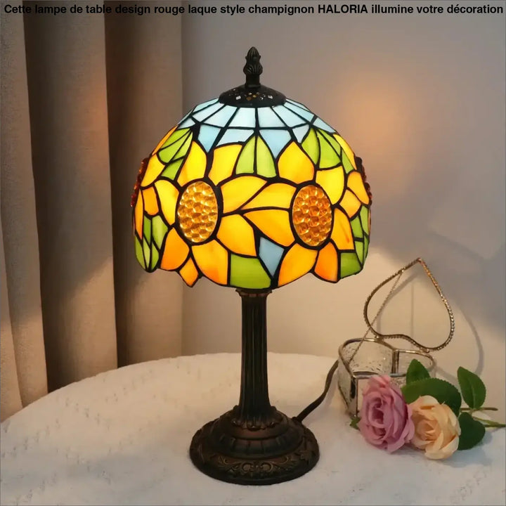 Lampe de table sunny avec verre multicolore motif tournesol et base bronze foncé pour décoration intérieure élégante