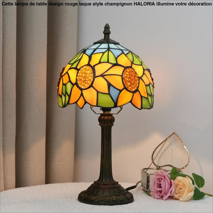 Lampe de table sunny en verre multicolore avec motif tournesol et base en bronze pour décoration intérieure élégante