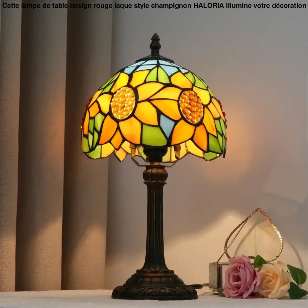 Lampe de table sunny en verre multicolore avec motif tournesol et base bronze pour décoration intérieure élégante