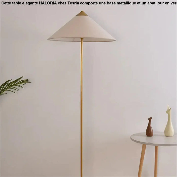 Lampadaire minimaliste rinessa avec pied en métal doré et abat-jour conique crème pour une décoration intérieure chaleureuse
