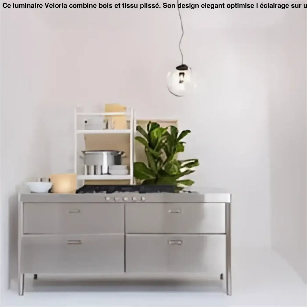 Applique murale taonua avec îlot de cuisine en acier inoxydable à six tiroirs et plaque de cuisson, suspension luminaire verre soufflé plus qu’un design