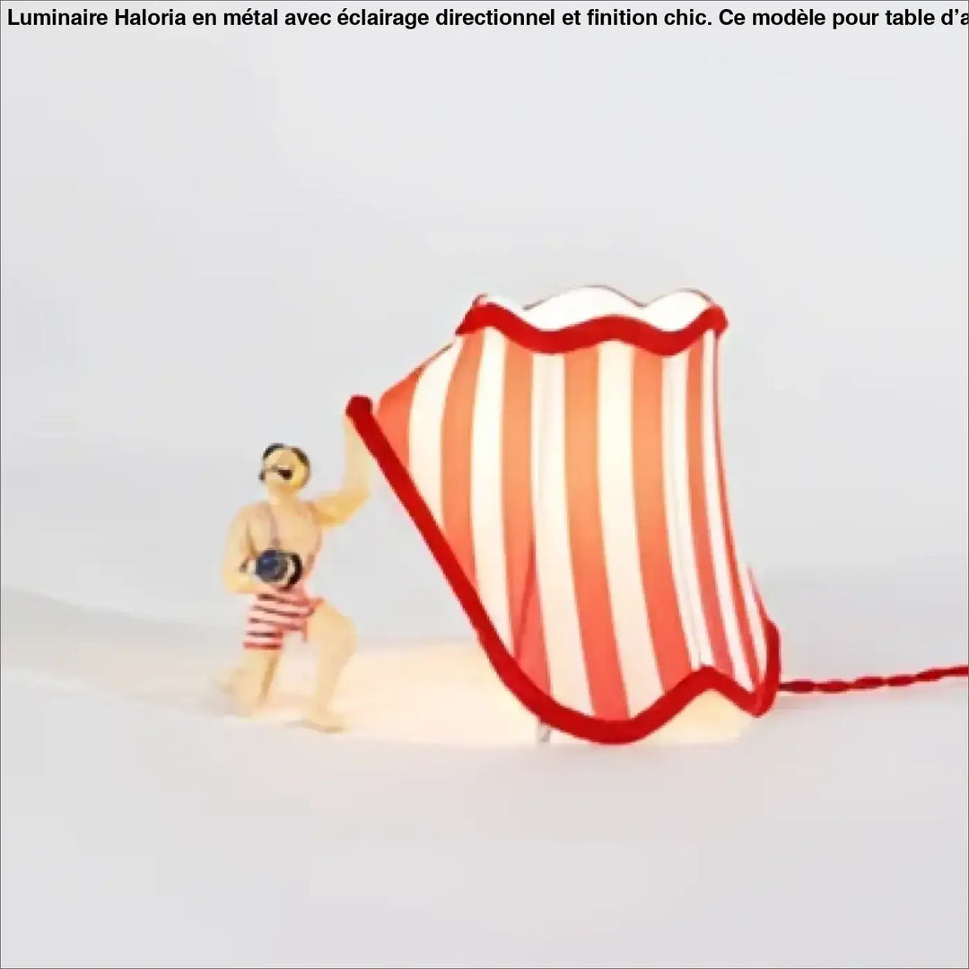 Lampe de table scenio avec abat-jour rayé lumineux rouge et blanc à bord festonné choix idéal pour table design