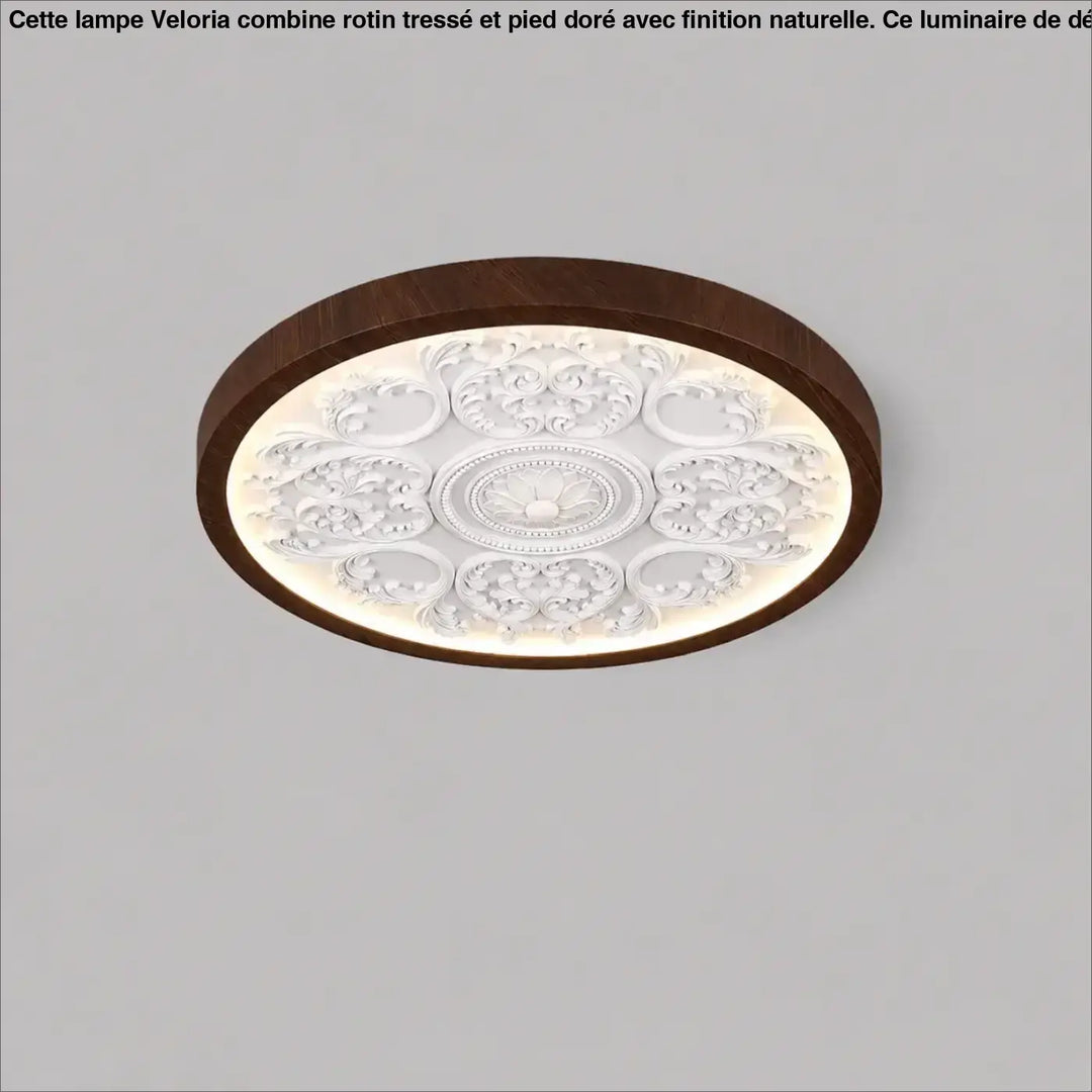 Luminaire plafonnier rostl avec cadre en bois foncé et centre en verre dépoli blanc orné de motifs floraux design rond