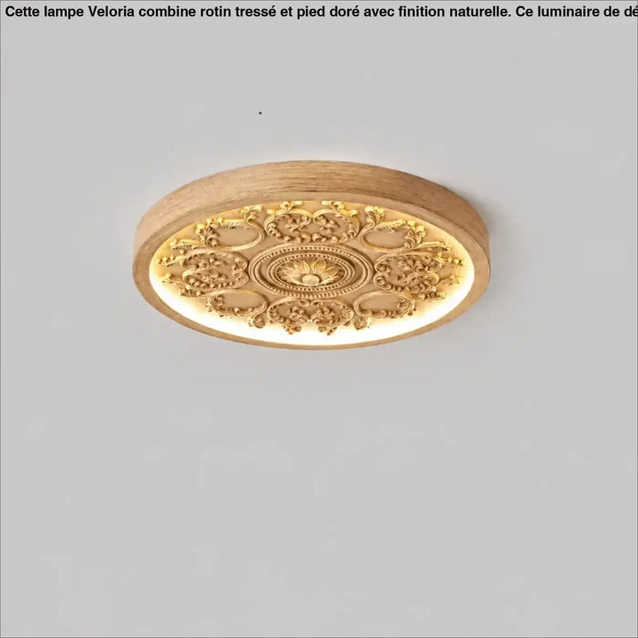 Luminaire plafonnier rostel avec design rond naturel en bois et ornementation dorée pour plafonnier design rond