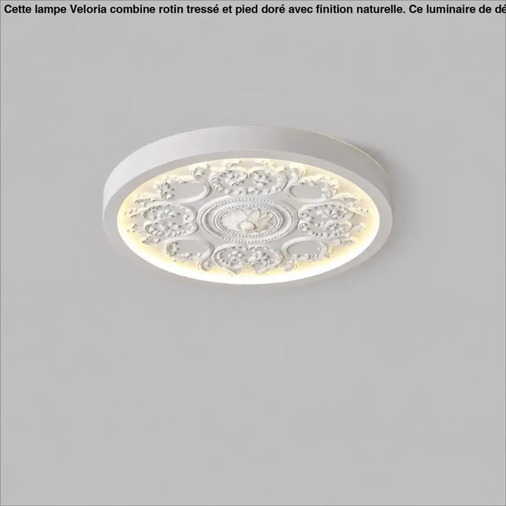 Luminaire plafonnier rostel blanc avec design rond et relief floral émettant une lumière chaude douce