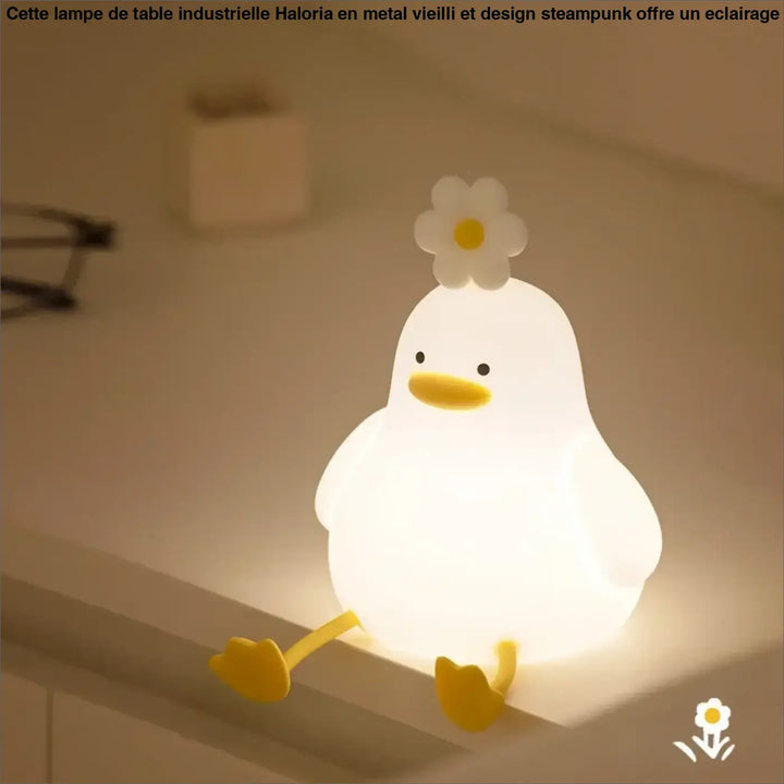 Veilleuse daffy en forme de canard blanc doux avec lumière douce pour chambre d’enfant, bec et pieds jaunes, fleur dessus