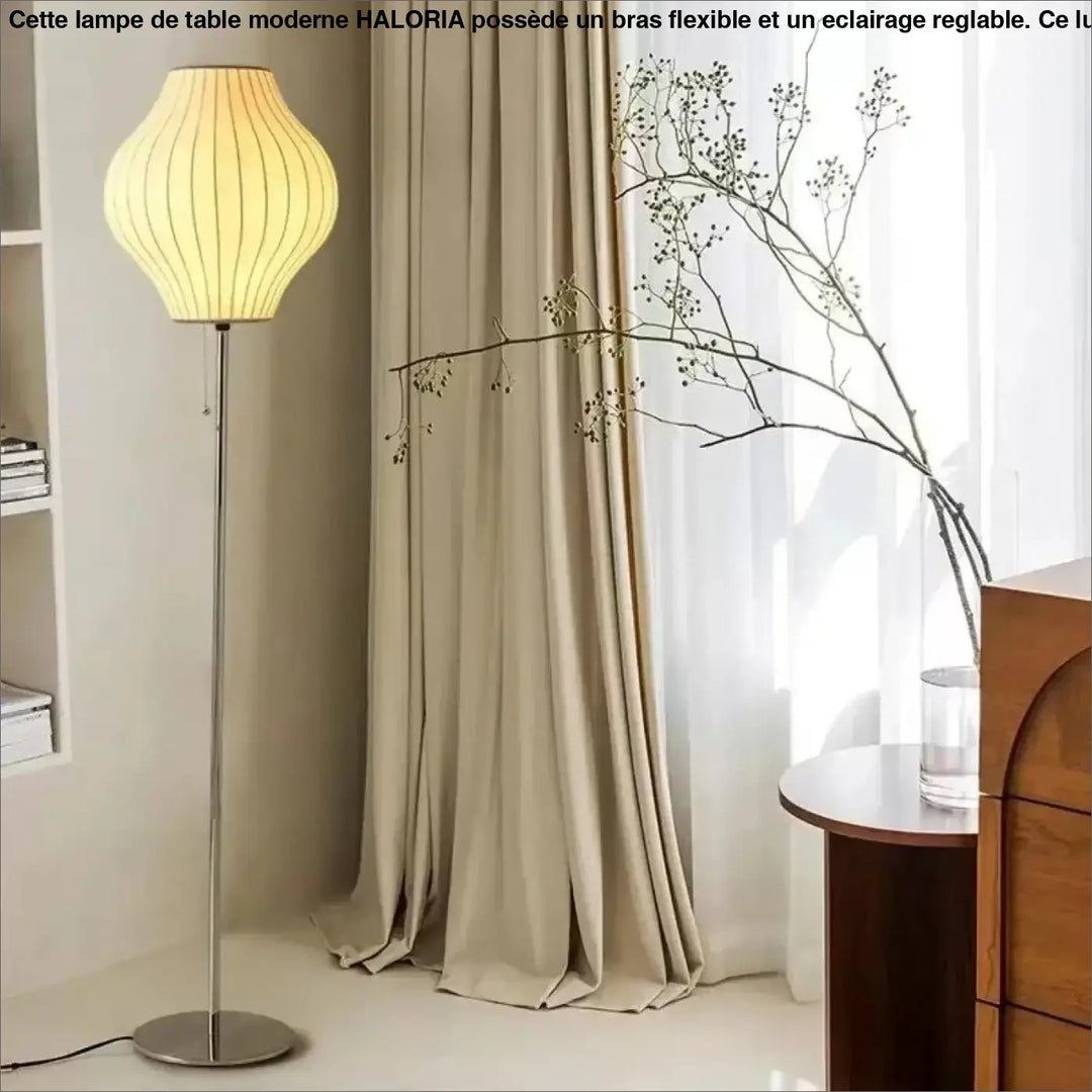 Lampadaire monna style nordique avec globe lumineux jaune chaud en tissu côtelé et pied métallique pour décoration intérieure