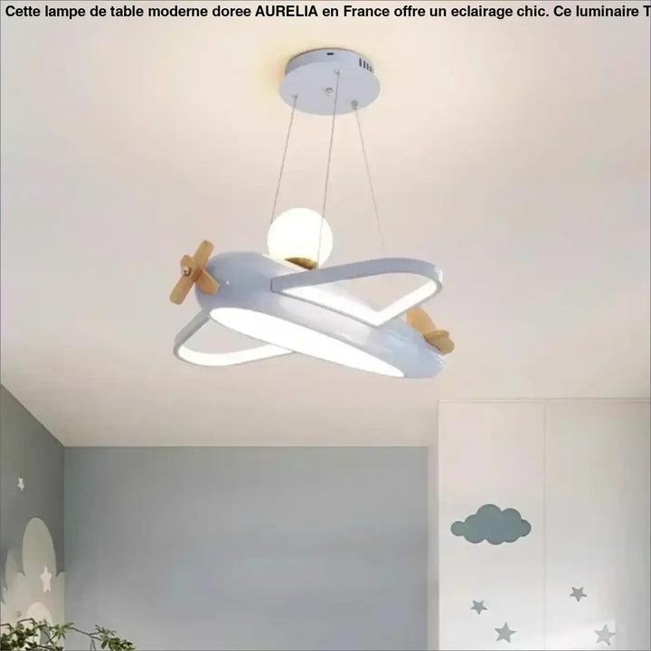Suspension luminaire enfant avion bleu clair avec hélices en bois et led blanc pour chambre d’enfant avivi