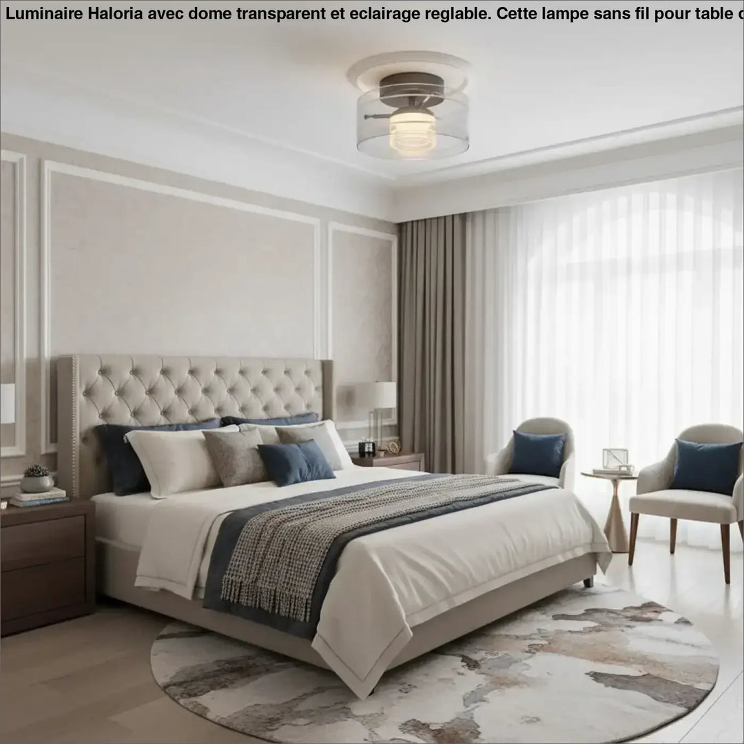 Tufted bed beige en tissu avec coussins bleu marine et gris dans la collection luminaire plafonnier albeo