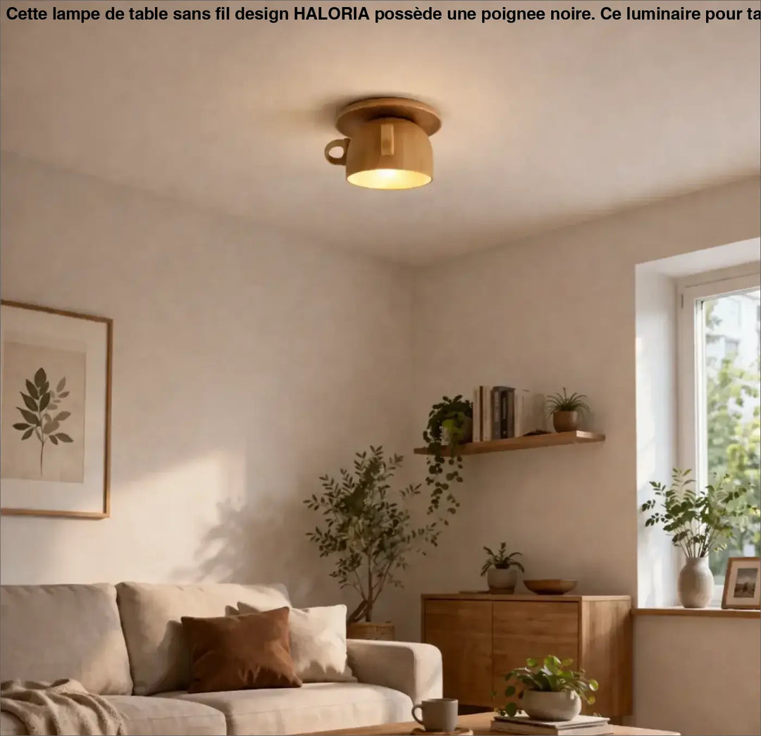 Luminaire plafonnier minimaliste en bois aux tons chauds en forme de tasse à café modele cuppy