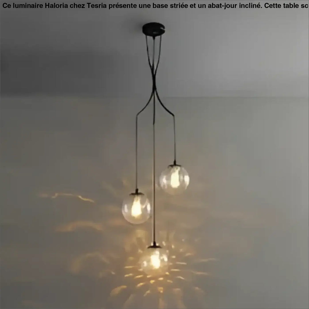Suspension luminaire umami en métal noir avec trois globes en verre suspendus pour un éclairage élégant