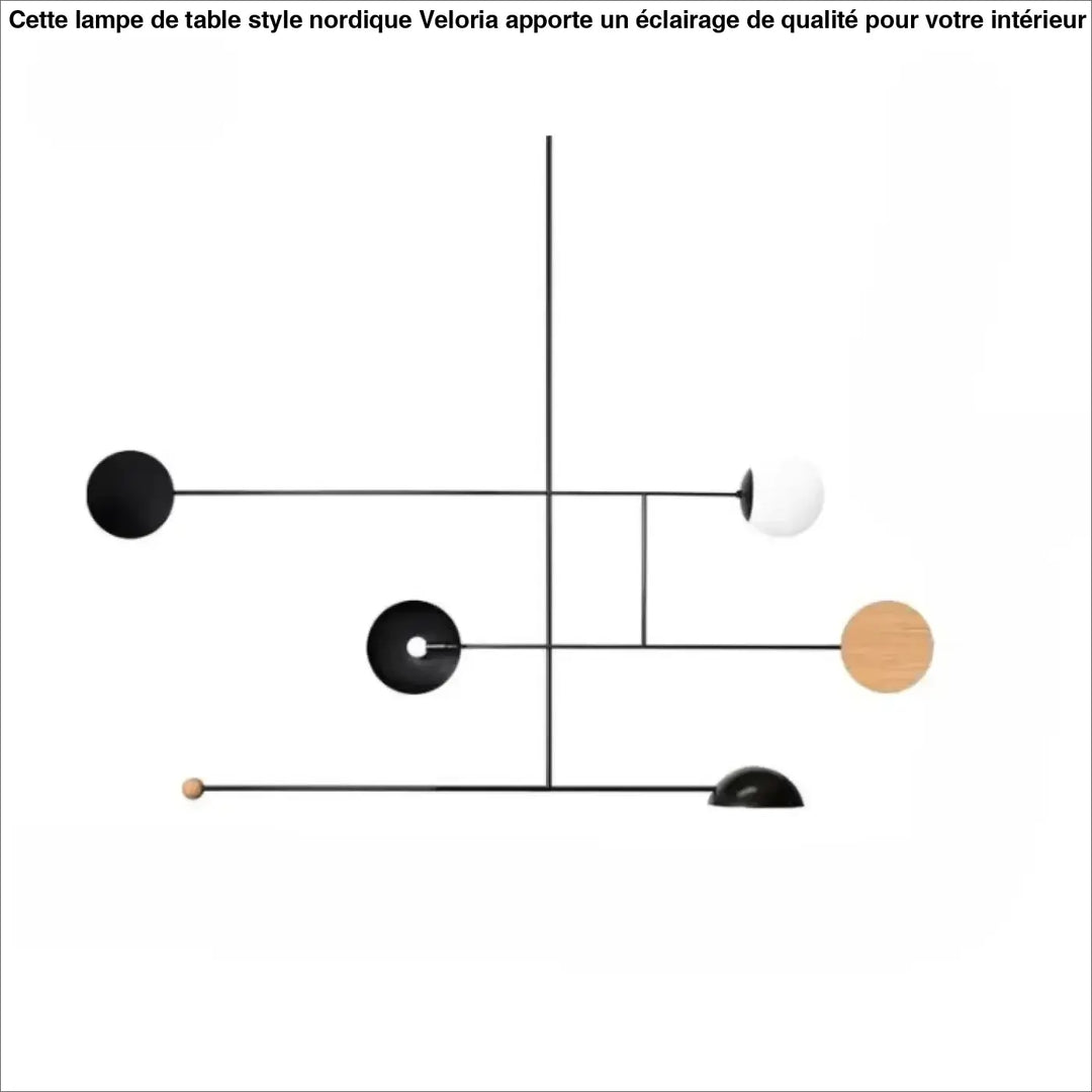 Suspension luminaire artistique minimaliste en métal noir avec sphères noires et blanches et disque bois naturel