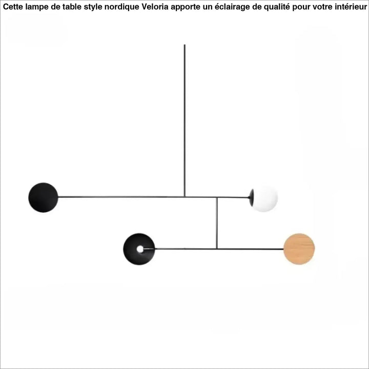 Suspension luminaire artistique minimaliste mondro avec sphères noires blanches et bois naturel suspendues par tiges métalliques fines
