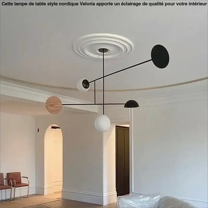 Suspension luminaire artistique mondro sphérique noir blanc bois design géométrique minimaliste