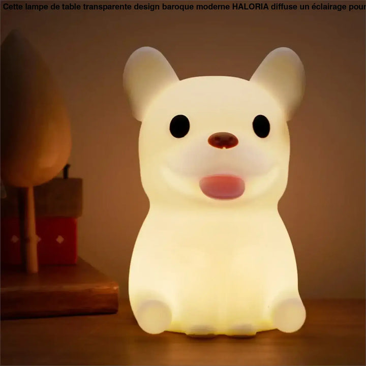 Veilleuse animalière snoozy en forme de bouledogue français avec lumière douce blanche et langue rose craquante