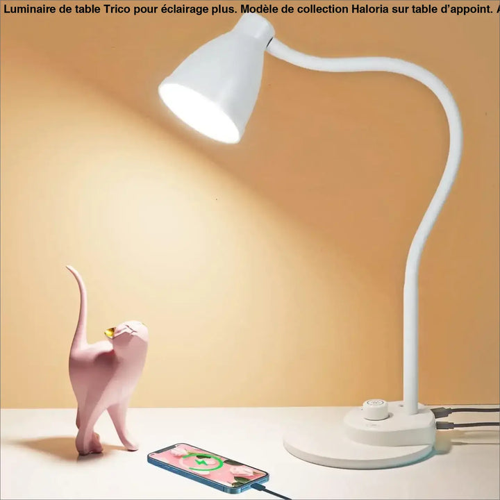Lampe de table trico blanche avec bras flexible et base circulaire pour éclairage réglable sur table moderne
