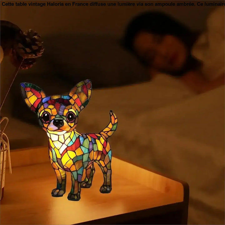 Veiluse design chien chihuahua en vitrail coloré avec mosaïque jaune, bleu, rouge et vert pour décoration intérieure