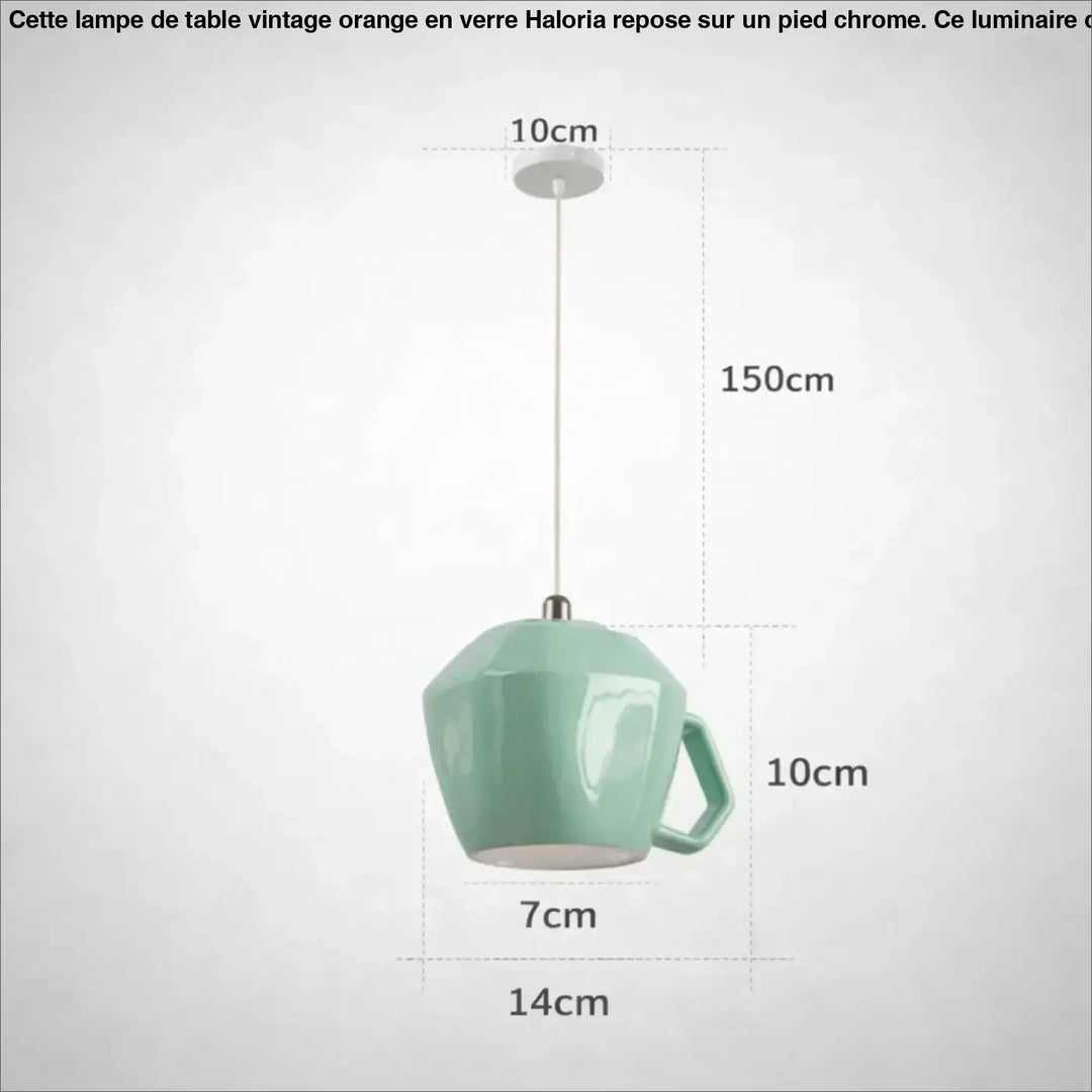 Suspension luminaire tasse rétro mint vert en céramique avec poignée métallique idéale pour salle à manger