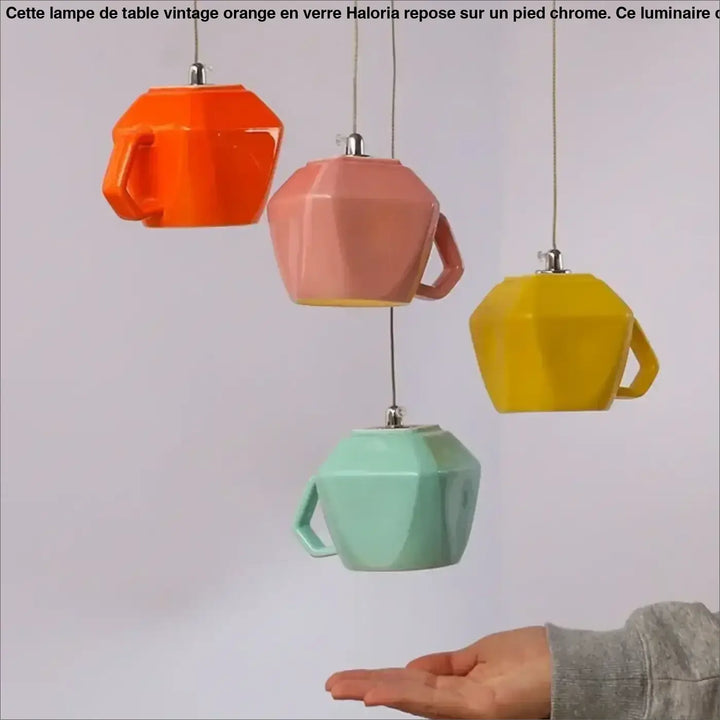 Suspension luminaire tasse rétro en céramique géométrique orange rose jaune et vert menthe pour salle à manger
