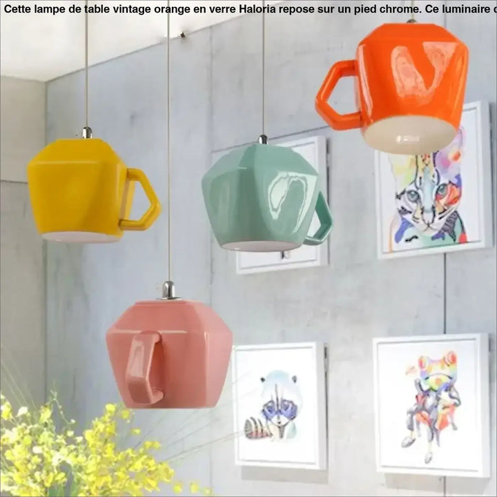Suspension luminaire tasse rétro en céramique brillante jaune, vert menthe et rose corail pour salle à manger