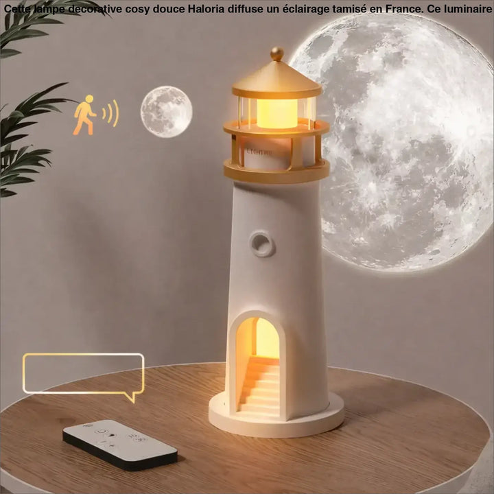 Lampe de chevet moony en forme de phare crème avec une lumière intérieure dorée pour une ambiance lunaire cosy