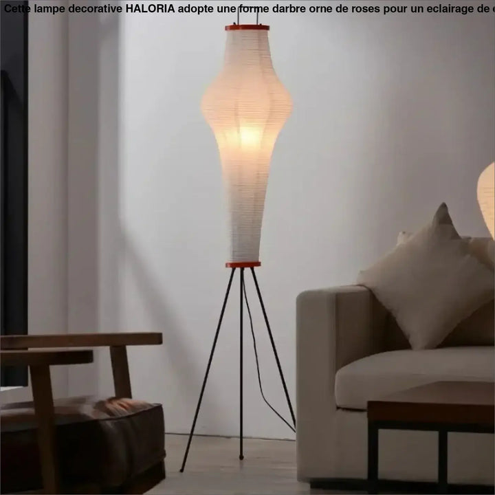 Lampadaire saki avec abat-jour en papier de riz led akari noguchi blanc et accents rouges sur pieds tripodes noirs