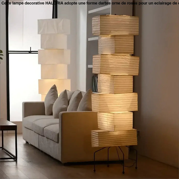 Lampadaire saki en papier de riz led avec lumière chaude et superposition inspiré par akari noguchi