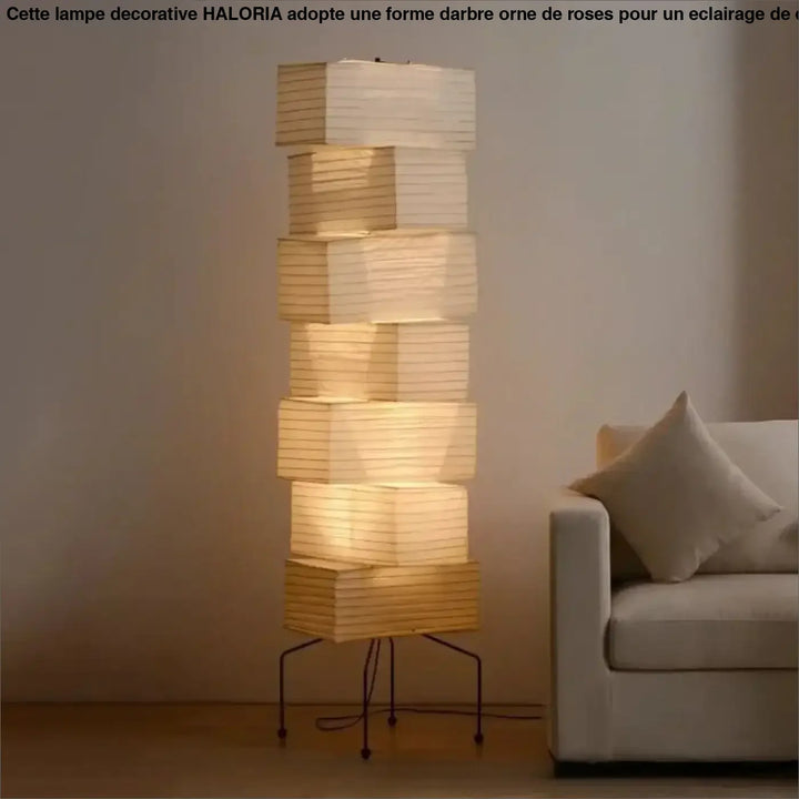 Lampadaire saki avec lanterne en papier de riz led de style akari noguchi et base metallique noire minimaliste