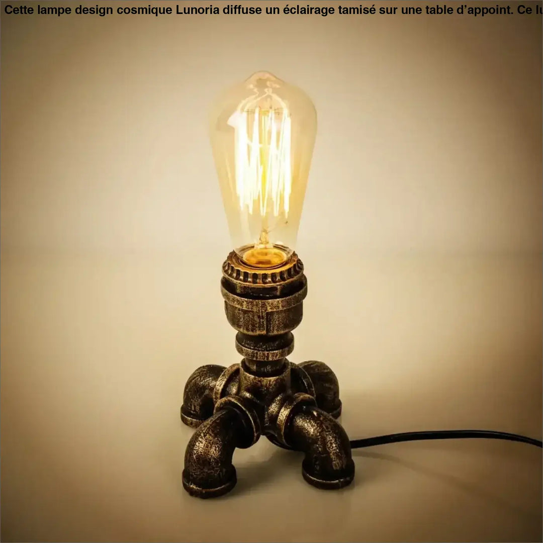 Lampe de table forge style industriel avec base en tuyau finition laiton et ampoule edison pour une décoration intérieure chaleureuse