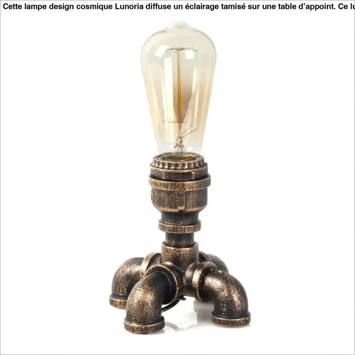 Lampe de table forge style industriel avec base en tuyau finition laiton et ampoule edison ambre pour décoration intérieure et ambiance chaleureuse
