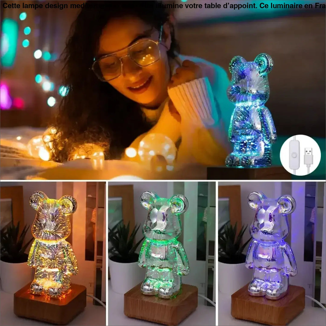 Lampe ourson décorative lumineuse translucide avec effets lumineux multicolores et base en bois pour ambiance chaleureuse