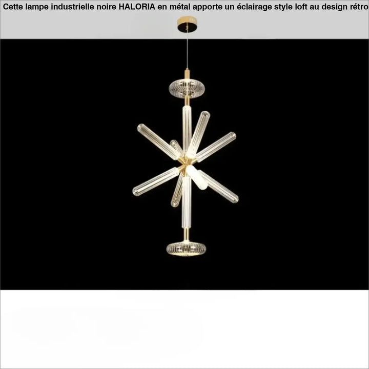 Suspension luminaire striel moderne avec bras en verre cannelé clair et accents métalliques dorés esthétique artistique