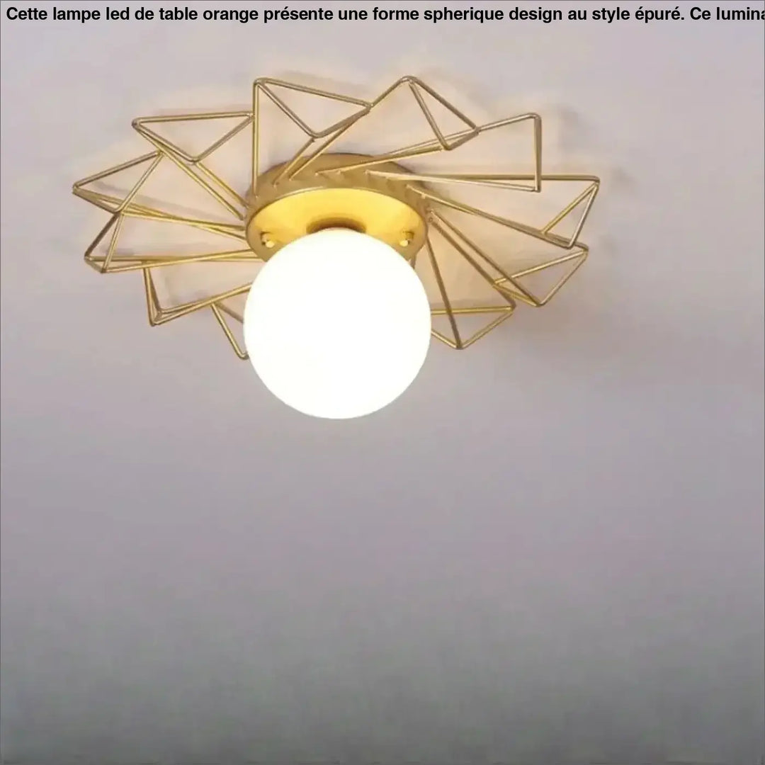 Plafonnier design métal doré luminaire plafonnier spika avec globe central en verre dépoli et structure géométrique étoilée