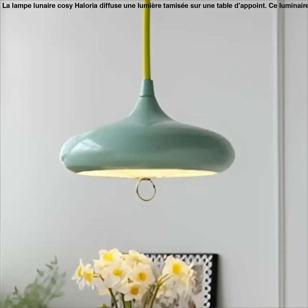 Suspension luminaire haus mint vert avec dome arrondi lisse et cordon jaune fin design vintage espace plus