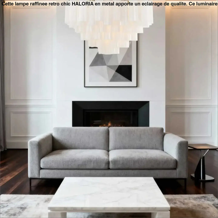 Gray upholstered sofa with clean lines and modern design complementing suspension luminaire chic rosila