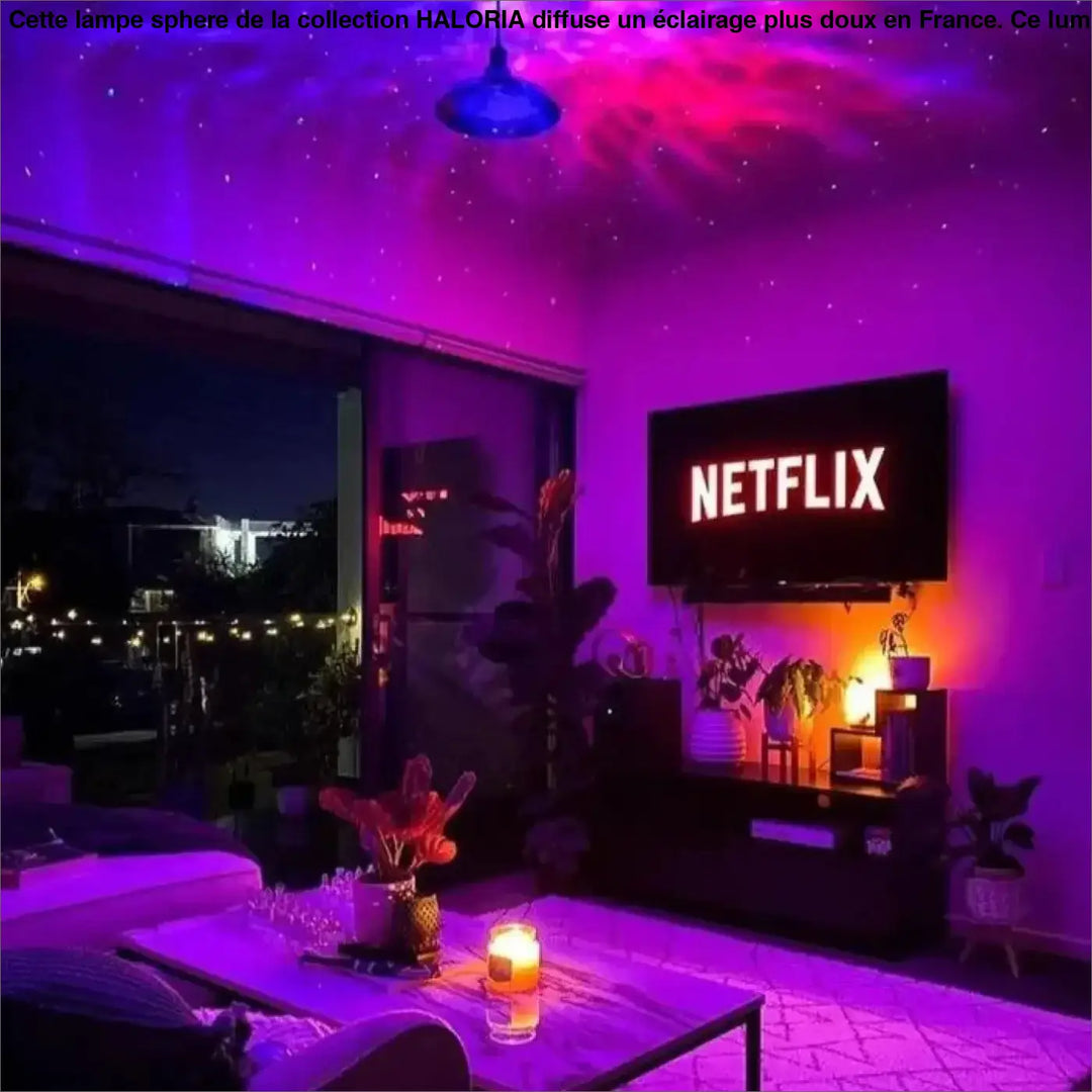 Lampe sphere haloria éclairage plus avec logo netflix lumineux sur écran noir au-dessus d une table d’appoint media