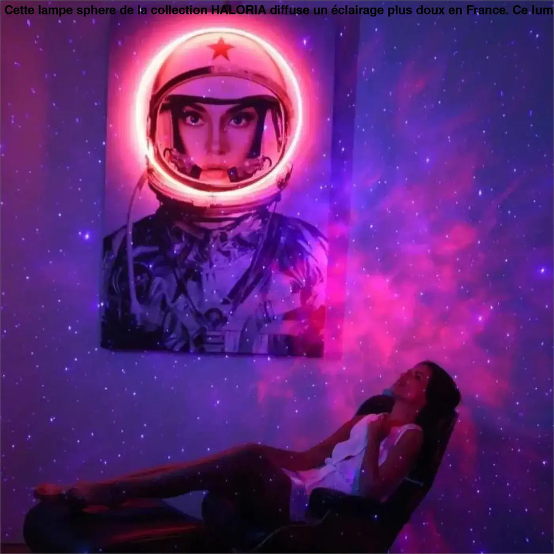 Lampe sphere haloria avec portrait néon d astronaute rouge, éclairage plus rose, idéale comme table d appoint cosmic